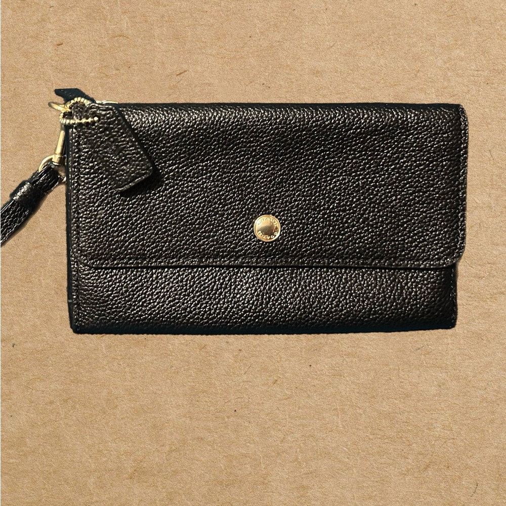 Coach Triple Small Leather Wristlet in Black.